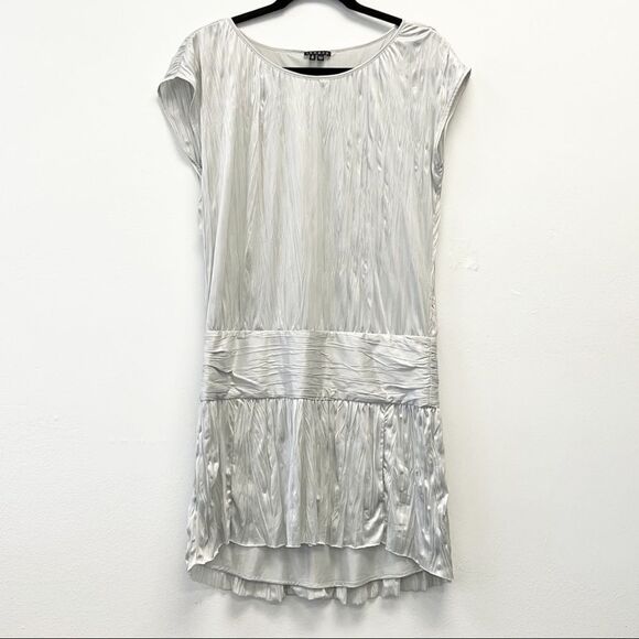 Theory Denatria Full Mooth Silver Crinkle Satin Drop Waist Mini Dress Size Small - Picture 2 of 14